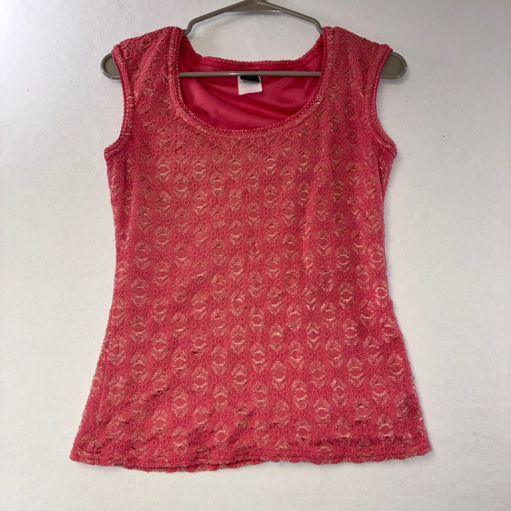 500 Y2K Wrapper Lace Overlay Tank Top Medium Pink Sleeveless Scoop Neck
